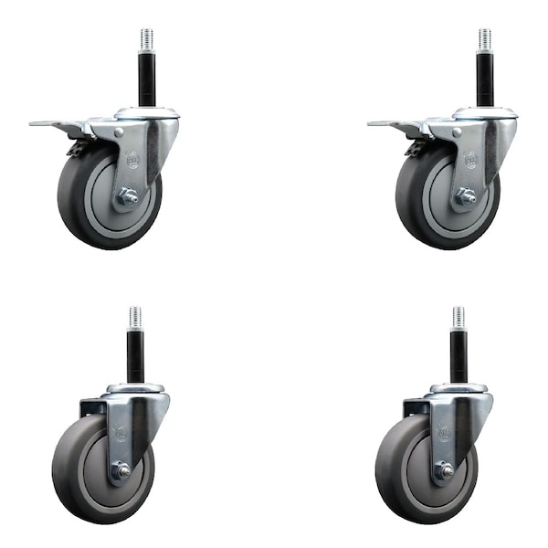 4'' Thermoplastic Rubber Swivel 3/4'' Expanding Stem Caster Set 2 Total Lock Brakes, 4PK